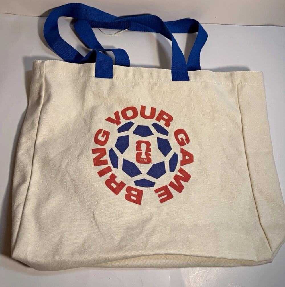 FIFA Bring Your Game Canvas Tote Bag Reusable Shopping Bag, White Blue Red